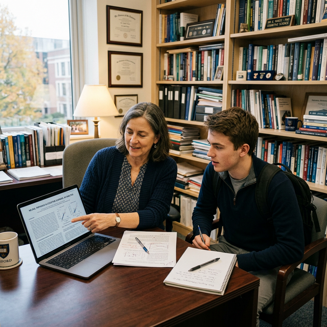 Qualified Academic Consultant providing guidance to a university student in a modern library setting